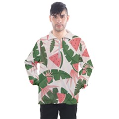 Tropical Watermelon Leaves Pink And Green Jungle Leaves Retro Hawaiian Style Men s Half Zip Pullover by genx