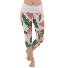 Tropical Watermelon Leaves Pink And Green Jungle Leaves Retro Hawaiian Style Lightweight Velour Capri Yoga Leggings by genx