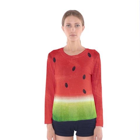 Juicy Paint Texture Watermelon Red And Green Watercolor Women s Long Sleeve Tee by genx