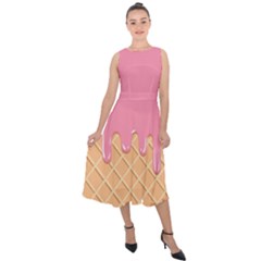 Ice Cream Pink Melting Background With Beige Cone Midi Tie-back Chiffon Dress by genx