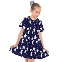 Starry Night Cartoon Print Pattern Kids  Short Sleeve Shirt Dress by dflcprintsclothing