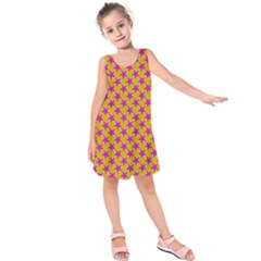 Pink Stars Pattern On Yellow Kids  Sleeveless Dress by BrightVibesDesign