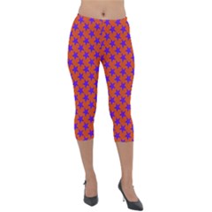 Purple Stars Pattern On Orange Lightweight Velour Capri Leggings  by BrightVibesDesign