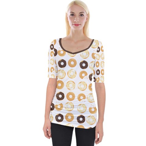 Donuts Pattern With Bites Bright Pastel Blue And Brown Cropped Sweatshirt Wide Neckline Tee by genx