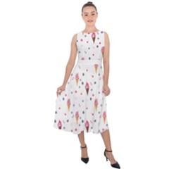 Ice Cream Cones Watercolor With Fruit Berries And Cherries Summer Pattern Midi Tie-back Chiffon Dress by genx