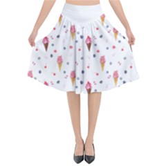 Ice Cream Cones Watercolor With Fruit Berries And Cherries Summer Pattern Flared Midi Skirt by genx