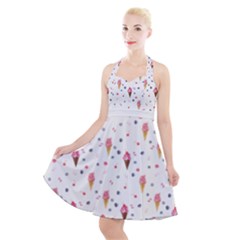 Ice Cream Cones Watercolor With Fruit Berries And Cherries Summer Pattern Halter Party Swing Dress  by genx