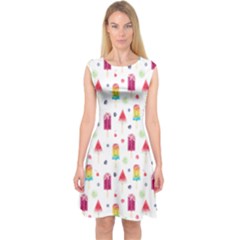 Popsicle Juice Watercolor With Fruit Berries And Cherries Summer Pattern Capsleeve Midi Dress by genx