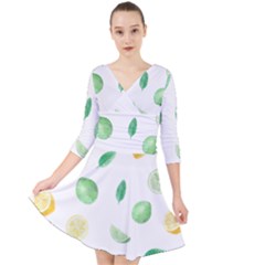 Lemon And Limes Yellow Green Watercolor Fruits With Citrus Leaves Pattern Quarter Sleeve Front Wrap Dress by genx