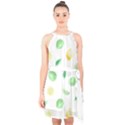 Lemon and limes yellow green watercolor fruits with citrus leaves Pattern Halter Collar Waist Tie Chiffon Dress View1