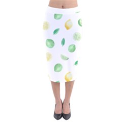 Lemon And Limes Yellow Green Watercolor Fruits With Citrus Leaves Pattern Velvet Midi Pencil Skirt by genx