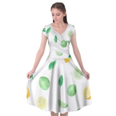 Lemon And Limes Yellow Green Watercolor Fruits With Citrus Leaves Pattern Cap Sleeve Wrap Front Dress by genx