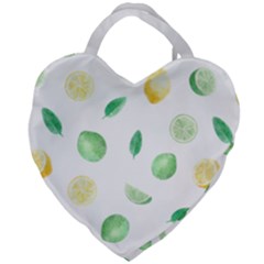 Lemon And Limes Yellow Green Watercolor Fruits With Citrus Leaves Pattern Giant Heart Shaped Tote by genx