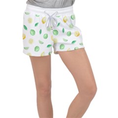 Lemon And Limes Yellow Green Watercolor Fruits With Citrus Leaves Pattern Women s Velour Lounge Shorts by genx