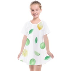 Lemon And Limes Yellow Green Watercolor Fruits With Citrus Leaves Pattern Kids  Smock Dress by genx