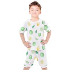 Lemon And Limes Yellow Green Watercolor Fruits With Citrus Leaves Pattern Kids  Tee And Shorts Set by genx