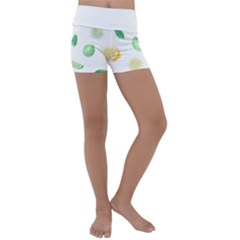 Lemon And Limes Yellow Green Watercolor Fruits With Citrus Leaves Pattern Kids  Lightweight Velour Yoga Shorts by genx