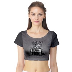 Odin On His Throne With Ravens Wolf On Black Stone Texture Short Sleeve Crop Top by snek