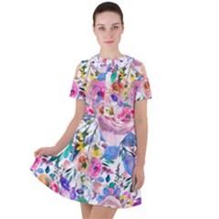 Lovely Pinky Floral Short Sleeve Shoulder Cut Out Dress  by wowclothings