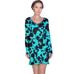 Bright Turquoise And Black Leopard Style Paint Splash Funny Pattern Long Sleeve Nightdress by yoursparklingshop