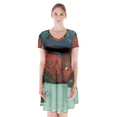 Awesome Mechanical Whale In The Deep Ocean Short Sleeve V-neck Flare Dress by FantasyWorld7