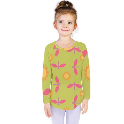 Dragonfly Sun Flower Seamlessly Kids  Long Sleeve Tee by HermanTelo