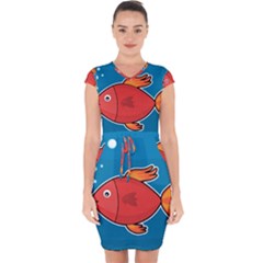 Sketch Nature Water Fish Cute Capsleeve Drawstring Dress  by HermanTelo