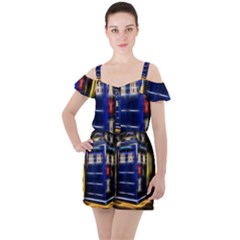 Famous Blue Police Box Ruffle Cut Out Chiffon Playsuit by HermanTelo