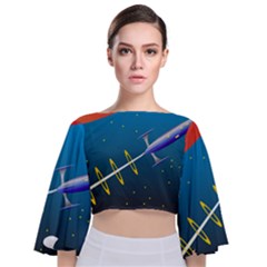 Rocket Spaceship Space Galaxy Tie Back Butterfly Sleeve Chiffon Top by HermanTelo