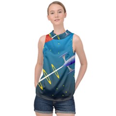 Rocket Spaceship Space Galaxy High Neck Satin Top by HermanTelo