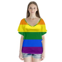 Lgbt Rainbow Pride Flag V-neck Flutter Sleeve Top by lgbtnation