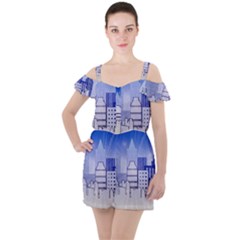 City Architecture Building Skyline Ruffle Cut Out Chiffon Playsuit by Pakrebo