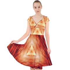 Abstract Orange Triangle Cap Sleeve Front Wrap Midi Dress by HermanTelo