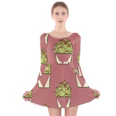 Cactus Pattern Background Texture Long Sleeve Velvet Skater Dress by HermanTelo