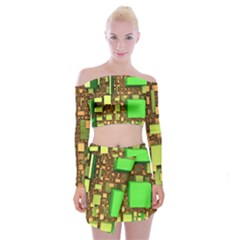 Blocks Cubes Green Off Shoulder Top With Mini Skirt Set by HermanTelo