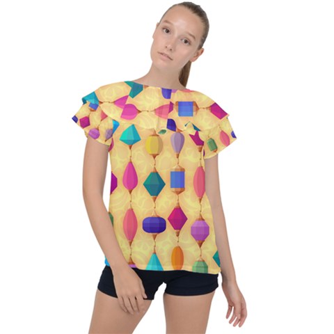 Colorful Background Stones Jewels Ruffle Collar Chiffon Blouse by HermanTelo