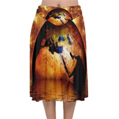 Earth Globe Water Fire Flame Velvet Flared Midi Skirt by HermanTelo