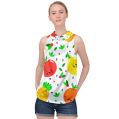 Pattern Fruits Orange Green High Neck Satin Top by HermanTelo