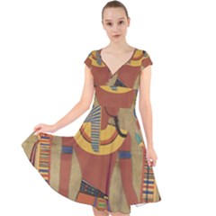 Egyptian Tutunkhamun Pharaoh Design Cap Sleeve Front Wrap Midi Dress by Sapixe