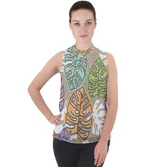 Pattern Leaves Banana Rainbow Mock Neck Chiffon Sleeveless Top by HermanTelo