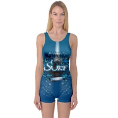 Sport, Surfboard With Water Drops One Piece Boyleg Swimsuit by FantasyWorld7