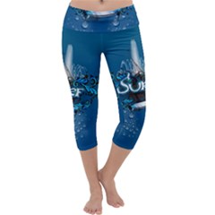 Sport, Surfboard With Water Drops Capri Yoga Leggings by FantasyWorld7