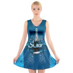 Sport, Surfboard With Water Drops V-neck Sleeveless Dress by FantasyWorld7