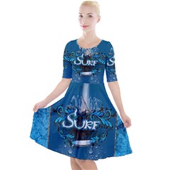 Sport, Surfboard With Water Drops Quarter Sleeve A-line Dress by FantasyWorld7