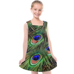 Peacock Feathers Plumage Iridescent Kids  Cross Back Dress by HermanTelo