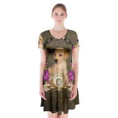 Cute Little Puppy With Flowers Short Sleeve V-neck Flare Dress by FantasyWorld7