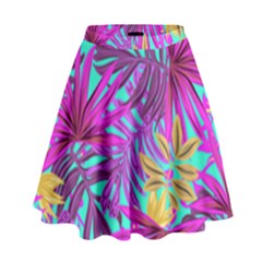 Tropical Greens Pink Leaves High Waist Skirt by HermanTelo