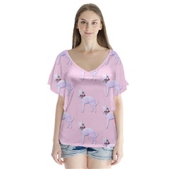 Dogs Pets Animation Animal Cute V-neck Flutter Sleeve Top by Bajindul