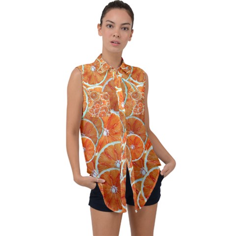 Oranges Background Texture Pattern Sleeveless Chiffon Button Shirt by Bajindul