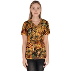 Sculpture Art Temple Tower Women s V-neck Scrub Top by Pakrebo